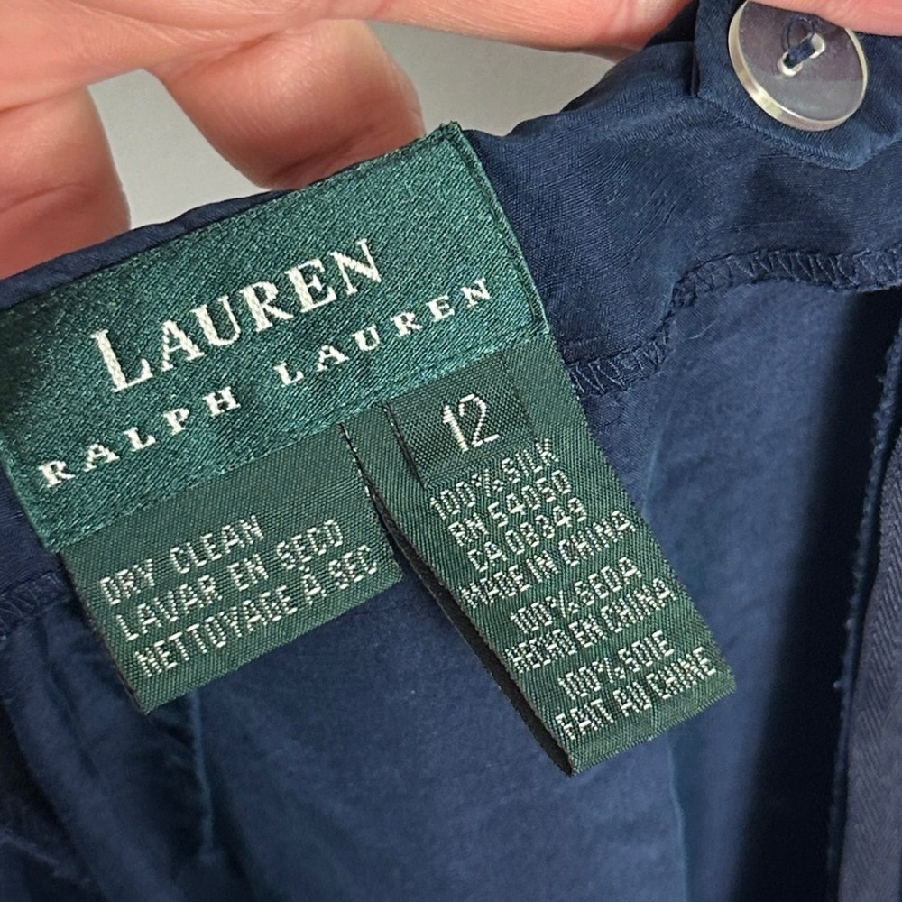 Ralph Lauren 100% Silk Navy Blue Wide Leg Pants Womens Size 12 Back Zip Trousers - Picture 2 of 16